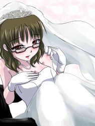 Rule 34 | 1girl, akizuki ritsuko, blush, breasts, bride, carrying, clearite, dress, glasses, gloves, idolmaster, idolmaster (classic), looking at viewer, out of frame, solo, wedding, wedding dress