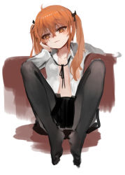 Rule 34 | 1girl, :3, black bow, black skirt, bow, closed mouth, collarbone, collared shirt, dokomon, dress shirt, feet, full body, girls&#039; frontline, hair bow, head tilt, knees up, long hair, no shoes, open clothes, open shirt, orange eyes, orange hair, pantyhose, pleated skirt, shaded face, shirt, simple background, sitting, sketch, skirt, smile, solo, twintails, ump9 (girls&#039; frontline), white background, white shirt