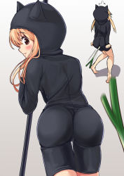Rule 34 | 1girl, ^^^, alternate costume, animal ears, animal hood, ass, back, barefoot, blonde hair, blush, bodysuit, brown eyes, cat hood, clenched hands, cowboy shot, doma umaru, fake animal ears, food, from behind, full body, gradient background, grey background, hair between eyes, highres, himouto! umaru-chan, holding, holding weapon, hood, hooded bodysuit, knees together feet apart, long hair, looking at viewer, looking back, miu (angelo whitechoc), motion blur, multiple views, negi suppository, object insertion, parted lips, pov, profile, red eyes, shadow, sidelocks, spring onion, staff, standing, surprised, thigh gap, tiptoes, unitard, weapon, wince
