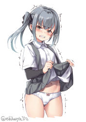 Rule 34 | 1girl, angry, arm warmers, blush, bow, bow panties, breasts, brown eyes, cameltoe, clenched teeth, clothes lift, collared shirt, commentary request, cropped legs, ebifurya, embarrassed, gluteal fold, grey hair, hair ribbon, highres, humiliation, kantai collection, kasumi (kancolle), lifted by self, long hair, looking at viewer, navel, open mouth, panties, ribbon, shirt, side ponytail, simple background, skirt, skirt lift, solo, suspenders, tearing up, teeth, trembling, twitter username, underwear, white background, white panties, white shirt