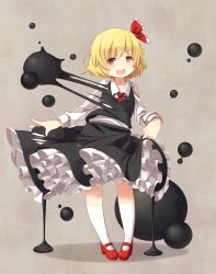Rule 34 | 1girl, blonde hair, blueberry (5959), darkness, dress, embodiment of scarlet devil, eyebrows, fang, female focus, frills, full body, gathers, hair ribbon, highres, kneehighs, looking away, mary janes, petticoat, pigeon-toed, red eyes, ribbon, rumia, shoes, short hair, simple background, skirt, skirt set, slime (substance), smile, socks, solo, standing, touhou, white socks