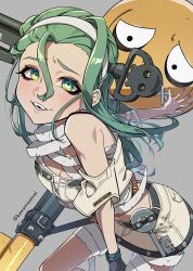 Rule 34 | 1girl, a.b.a, bags under eyes, bandaged chest, bandaged neck, bandages, bare shoulders, breasts, cleavage, green eyes, green hair, grey background, guilty gear, guilty gear strive, headband, highres, kawawosuisui, key in head, long hair, looking at viewer, object through head, paracelsus (guilty gear), short sleeves, stitched mouth, stitches, white headband