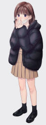 Rule 34 | 1girl, black footwear, black socks, blush, breath, brown hair, full body, highres, jacket, loafers, looking at viewer, medium hair, nakamura kuzuyu, open clothes, open jacket, open mouth, original, own hands together, pleated skirt, purple eyes, shoes, simple background, skirt, socks, solo, symbol-only commentary, watermark