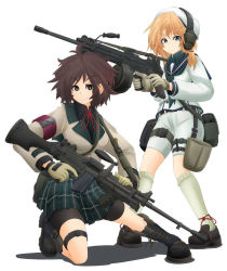 Rule 34 | 2girls, ammunition pouch, armband, blonde hair, blue eyes, boots, bow, brown eyes, brown hair, combat boots, drum magazine, ear protection, earmuffs, gun, hat, high-capacity magazine, highres, light machine gun, machine gun, magazine (weapon), mikeran (mikelan), multiple girls, original, pouch, shadow, shoes, short hair, shorts, simple background, skirt, socks, stock (firearm), ultimax 100, vertical forward grip, weapon, white background