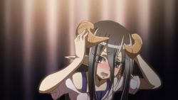 Rule 34 | 1girl, anime coloring, bare shoulders, black hair, blush, brown eyes, d:, dragon girl, dream demon, eyes visible through hair, furrowed brow, hair between eyes, hands up, horn grab, horns, looking at viewer, monster girl, open mouth, original, pointy ears, shirt, solo, upper body