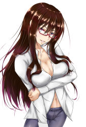 Rule 34 | 1girl, blue eyes, breasts, brown hair, glasses, grin, hair down, highres, holding own arm, large breasts, lips, looking at viewer, makinami mari illustrious, messy hair, navel, neon genesis evangelion, pants, partially unzipped, pink-framed eyewear, plunging neckline, raipen, rebuild of evangelion, shirt, smile, solo, standing, white background, white shirt
