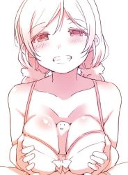 Rule 34 | 10s, 1girl, between breasts, blush, breasts squeezed together, breasts, cleavage, collarbone, commentary, duke (inu daimyou), front-tie bra, grin, hair ornament, hair scrunchie, hands on own chest, hetero, large breasts, long hair, looking at viewer, love live!, love live! school idol project, monochrome, paizuri, penis, pov, scrunchie, smile, smiley face, solo focus, symbol-only commentary, tojo nozomi, twintails, upper body