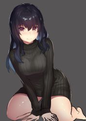 Rule 34 | 1girl, arched back, black sweater, blue hair, blush, breast press, breasts, brown eyes, framing breasts, full body, grey background, hair over shoulder, highres, kagematsuri, large breasts, leaning forward, long hair, looking at viewer, mole, mole under eye, original, ribbed sweater, seiza, simple background, sitting, smile, solo, sweater, sweater dress, v arms