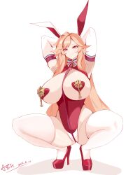 Rule 34 | 1girl, absurdres, animal ears, asin, azur lane, blonde hair, breastless leotard, breasts, french flag, highres, large breasts, leotard, looking at viewer, naughty face, nipple piercing, piercing, playboy bunny, rabbit ears, red eyes, richelieu (azur lane), solo, squatting, thighhighs, thighs, white background, white thighhighs