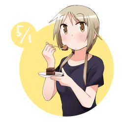 Rule 34 | 1girl, black shirt, blonde hair, blush, brown eyes, cake, cake slice, casual, circle, closed mouth, collarbone, commentary request, dated, food, fork, hands up, holding, holding fork, holding plate, ichii yui, katatsuka kouji, long hair, looking at viewer, low twintails, plate, round image, shirt, short sleeves, solo, twintails, upper body, white background, yuyushiki