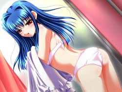 Rule 34 | 1girl, ass, blue hair, blush, bra, game cg, hitomi no rakuin, lingerie, midou ayano, panties, red eyes, saitou kaho, solo, source request, underwear, underwear only, undressing