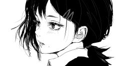 Rule 34 | 1girl, black hair, chainsaw man, formal, greyscale, hair ornament, hairclip, higashiyama kobeni, inoitoh, looking to the side, mole, mole on cheek, mole under eye, monochrome, multiple moles, open mouth, short hair, short ponytail, simple background, single sidelock, solo, suit, white background