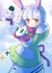 Rule 34 | 1girl, :d, absurdres, animal ears, blush, commentary request, fur-trimmed hood, fur-trimmed sleeves, fur trim, green jacket, grey hair, hands up, highres, holding, hood, hood down, hooded jacket, ichi (ichi.colors), jacket, long sleeves, looking at viewer, mittens, open mouth, original, rabbit ears, red eyes, red mittens, skirt, smile, snow, snow rabbit, snowman, snowman hair ornament, solo, white skirt
