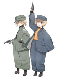 Rule 34 | 2girls, arm up, blonde hair, blue eyes, blush, boots, commentary request, gun, hat, looking at viewer, multiple girls, open mouth, original, shimada fumikane, simple background, smile, suspenders, weapon, white background