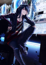 Rule 34 | 1girl, arcade, arcade cabinet, black hair, black jacket, black pants, breasts, casual, chair, collarbone, crest, cropped jacket, denim, elbow on knee, elbow rest, family crest, fate/grand order, fate (series), grin, hair between eyes, hand on own cheek, hand on own face, hat, highres, hood, hood up, hooded jacket, indoors, jacket, jeans, jewelry, long hair, long sleeves, looking at viewer, mugetsu2501, necklace, oda nobunaga (fate), oda nobunaga (koha-ace), oda uri, pants, red eyes, red shirt, ring, ripped jeans, shirt, shoes, sidelocks, small breasts, smile, solo