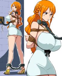 Rule 34 | 1girl, anger vein, arms behind back, ass, bdsm, bondage, bound, breasts, chain, chain leash, collar, dress, high heels, highres, huge breasts, large breasts, leash, long hair, nami (one piece), one piece, rebake, rope, slave, solo, standing, sweatdrop, tied up (nonsexual)