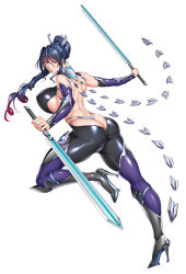 Rule 34 | 1girl, ass, bare shoulders, blue hair, blush, bodysuit, boots, bouncing breasts, breasts, cameltoe, curvy, fei (maidoll), female focus, full body, high ponytail, highleg, highleg leotard, highres, holding, holding sword, holding weapon, huge ass, jumping, large breasts, leotard, lilith-soft, lips, long hair, looking to the side, ponytail, shiny skin, simple background, sword, taimanin (series), taimanin rpgx, uehara rin, very long hair, weapon, white background