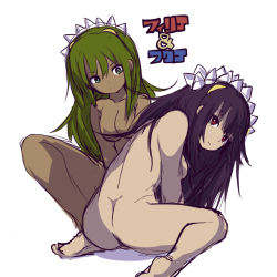 Rule 34 | 2girls, ass, barefoot, black hair, blonde hair, character request, copyright name, copyright request, dark-skinned female, dark skin, feet, female focus, from behind, long hair, multiple girls, nude, simple background, sitting, soles, tenteco (covamin), wariza, white background