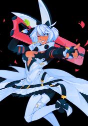 Rule 34 | 1girl, ahoge, animal ears, black gloves, blue eyes, borcheim, bracelet, breasts, cleavage, cleavage cutout, clothing cutout, clover, collar, dress, elphelt valentine, fingerless gloves, four-leaf clover, gloves, guilty gear, guilty gear xrd, gun, hairband, holding, holding gun, holding weapon, huge ahoge, jewelry, large breasts, long sleeves, looking at viewer, one eye closed, petals, short hair, smile, spiked bracelet, spiked collar, spiked hairband, spikes, weapon, white dress, white hair
