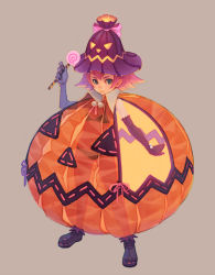 Rule 34 | 1girl, blue eyes, candy, food, food-themed clothes, halloween, jack-o&#039;-lantern, lollipop, original, pumpkin, pumpkin costume, pumpkin hat, red hair, see-through, simple background, solo, swirl lollipop, weno