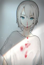 Rule 34 | 1girl, arms at sides, bad id, bad twitter id, blood, blood on clothes, blood on face, blue eyes, bob cut, closed mouth, female focus, grey hair, highres, kirushi (killcy), looking at viewer, nosebleed, original, shadow, shirt, solo, symbol in eye, upper body