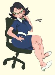Rule 34 | 1girl, absurdres, artist name, black hair, blue dress, breasts, chair, dress, eleanor butterbean, hand up, highres, large breasts, crossed legs, medium hair, mole, mole under eye, shoes, short sleeves, simple background, sitting, solo, the grim adventures of billy &amp; mandy, white footwear, whoopsatro, yellow background