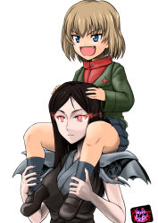 Rule 34 | &gt;:d, 10s, 2girls, :d, abyssal ship, artist name, black hair, black nails, blue eyes, brown hair, carrying, carrying over shoulder, commentary request, crossover, fang, flaming eyes, girls und panzer, highres, kantai collection, katyusha (girls und panzer), koutarou (plusdrive), multiple girls, nail polish, open mouth, red eyes, ru-class battleship, school uniform, short hair, shoulder carry, smile, torn clothes, v-shaped eyebrows
