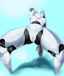 Rule 34 | armor, blue eyes, breasts, cleft of venus, colored skin, drossel von flugel, fireball (series), highres, large breasts, leaning back, mdthetest, nipples, nude, pussy, robot, tagme, thighs, uncensored, white skin