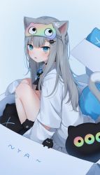 Rule 34 | 1girl, amashiro natsuki, animal ears, blue background, blue eyes, blush, box, cardboard box, cat ears, cat girl, cat tail, commentary, eyebrows hidden by hair, facial mark, from side, grey hair, hair ornament, hairclip, highres, in box, in container, indie virtual youtuber, knees up, long hair, long sleeves, looking at viewer, looking to the side, mask, mask on head, nachoneko, parted lips, shirt, sleep mask, solo, tail, very long hair, virtual youtuber, white shirt
