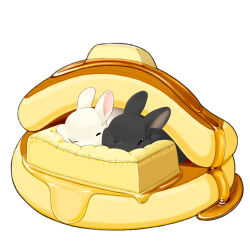 Rule 34 | animal, animal focus, black eyes, black rabbit (animal), butter, commentary request, cushion, food, food focus, lilac (p-f easy), lying, no humans, on food, on stomach, original, pancake, rabbit, simple background, syrup, white background, white rabbit (alice in wonderland)