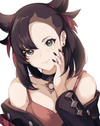 Rule 34 | 1girl, absurdres, aqua eyes, asymmetrical bangs, bad id, bad pixiv id, bare shoulders, black jacket, black nails, blush, closed mouth, collarbone, creatures (company), dress, earrings, fingernails, game freak, hair ribbon, hand on own cheek, hand on own face, head tilt, highres, jacket, jewelry, long fingernails, long hair, long sleeves, looking at viewer, marnie (pokemon), nail polish, nintendo, off shoulder, open clothes, open jacket, pink dress, pokemon, pokemon swsh, red ribbon, ribbon, saibe, simple background, solo, stud earrings, twintails, upper body, white background