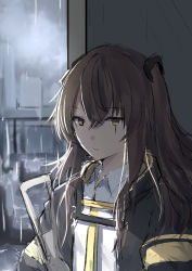 Rule 34 | 1girl, black jacket, brown eyes, brown hair, chahei, closed mouth, cloud, cloudy sky, collared shirt, commentary, girls&#039; frontline, gun, h&amp;k ump, h&amp;k ump, hair between eyes, hair ornament, highres, jacket, long hair, looking at viewer, one side up, open clothes, open jacket, outdoors, rain, scar, scar across eye, scar on face, shirt, sketch, sky, solo, ump45 (girls&#039; frontline), upper body, weapon, white shirt