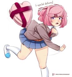 Rule 34 | 1girl, :o, absurdres, artist name, bent over, blazer, blue skirt, blush, box, box of chocolates, brown jacket, brown sweater vest, commentary, doki doki literature club, dress shirt, embarrassed, english commentary, english text, eyelashes, foot out of frame, from side, furrowed brow, gift, gift box, hair ornament, hair ribbon, hair strand, hand on own chest, heart, heart-shaped box, highres, incoming attack, incoming gift, jacket, kneehighs, leaning forward, long sleeves, looking at viewer, looking to the side, motion lines, natsuki (doki doki literature club), neck ribbon, open clothes, open jacket, open mouth, patreon logo, patreon username, pink eyes, pink hair, pleated skirt, raion (raionart), red ribbon, ribbon, running, school uniform, shirt, shoes, short hair, shouting, simple background, skirt, socks, solo, sweater vest, swept bangs, throwing, tsundere, two side up, uwabaki, valentine, white background, white footwear, white shirt, white socks, x hair ornament