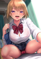 Rule 34 | 1girl, bag, blonde hair, blush, bow, bowtie, breasts, collarbone, collared shirt, dress shirt, grey skirt, kase daiki, large breasts, long sleeves, looking at viewer, open mouth, original, outstretched arm, panties, pink panties, plaid, plaid skirt, purple eyes, red bow, school bag, selfie, shirt, short hair, skirt, smile, solo, squatting, thighs, tongue, tongue out, underwear, white shirt