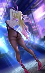 Rule 34 | 1girl, adjusting hair, alternate costume, animal ears, ankle strap, ass, backless outfit, bare shoulders, bianka durandal ataegina, blonde hair, blurry, blurry background, breasts, chamuhz, chinese commentary, choker, cleavage, commentary request, facing away, fake animal ears, fake tail, from behind, full body, high heels, highleg, highleg leotard, highres, honkai (series), honkai impact 3rd, indoors, large breasts, legs apart, leotard, long hair, multicolored hair, pantyhose, pink choker, pink footwear, pink hair, pink heels, playboy bunny, ponytail, rabbit tail, shadow, sideboob, streaked hair, table, tail, thighs, two-tone hair, wrist cuffs