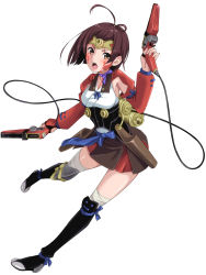Rule 34 | 10s, 1girl, ahoge, blush, boots, breasts, brown hair, choker, commentary request, dual wielding, gun, hakama, hakama short skirt, hakama skirt, handgun, headgear, highres, holding, japanese clothes, kimagure blue, knee boots, koutetsujou no kabaneri, long sleeves, looking at viewer, mumei (kabaneri), red eyes, revision, ribbon, ribbon choker, short hair, skirt, small breasts, solo, weapon