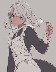 Rule 34 | 1boy, alternate costume, apron, arm at side, black dress, blue eyes, crossdressing, dark-skinned male, dark skin, dress, enmaided, frilled apron, frills, grey background, grey hair, gundam, hairband, hand up, laura rolla, long hair, long sleeves, looking at viewer, loran cehack, maid, male focus, male maid, namihaya, parted lips, simple background, sleeve cuffs, solo, sweat, trap, turn a gundam, twintails, white apron, white hairband
