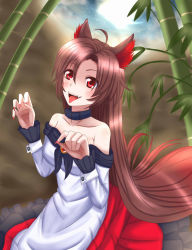 Rule 34 | 1girl, animal ears, bad id, bad pixiv id, bamboo, bamboo forest, bare shoulders, blush, breasts, brown hair, collar, collarbone, dress, fang, fingernails, forest, full moon, highres, imaizumi kagerou, long hair, looking up, moon, nature, night, open mouth, paw pose, red eyes, sitting, solo, tail, tongue, tongue out, touhou, very long hair, wendell, wolf ears, wolf tail