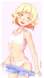 Rule 34 | 1girl, :d, artist name, bakemonogatari, bare arms, bare shoulders, blonde hair, blush, bow, bra, clothes pull, collarbone, cowboy shot, female focus, hair bow, heart, highres, idle antics, kizumonogatari, looking at viewer, looking to the side, monogatari (series), navel, open mouth, oshino shinobu, outside border, panties, pointy ears, red bow, shorts, shorts pull, smile, solo, teeth, underwear, upper teeth only, white bra, white panties, yellow eyes