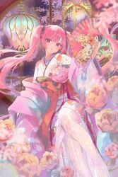 Rule 34 | 1girl, absurdres, blurry, blurry foreground, butterfly ornament, floral print, flower, flower ornament, flower request, folding fan, hand fan, hand up, highres, holding, holding fan, japanese clothes, kimono, long hair, looking at viewer, obi, obiage, obijime, open mouth, orange flower, original, pink eyes, pink flower, pink hair, pink ribbon, pink shawl, print kimono, ribbon, sash, see-through, shawl, signature, solo, twintails, wide sleeves, yuyuharu 1027