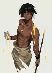 Rule 34 | 1boy, abs, arknights, black hair, commentary, cowboy shot, gloves, grey background, grey gloves, highres, holding, huanxiang heitu, jewelry, looking at viewer, male focus, necklace, orange eyes, simple background, standing, thorns (arknights), topless male