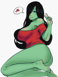 Rule 34 | 1girl, ass, bad id, bad tumblr id, barefoot, black hair, borrowed character, bottomless, breasts, colored skin, fang, green skin, green skirt, grin, heart, highres, large breasts, mole, mole under eye, nail polish, naked shirt, nina (scathegrapes), off shoulder, orc, original, shirt, simple background, skirt, smile, solo, spicy bardo, spoken heart, t-shirt, thighs, white background