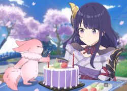 Rule 34 | 1girl, 1other, 3d background, absurdres, animalization, armor, asiri senpai, birthday cake, blowing, blunt bangs, blurry, bow, bowtie, cake, commentary, dango, depth of field, english commentary, food, fox, genshin impact, hair ornament, highres, japanese clothes, kimono, long hair, long sleeves, looking at another, low ponytail, mitsudomoe (shape), obi, purple eyes, purple hair, raiden shogun, red bow, red bowtie, sanshoku dango, sash, short kimono, shoulder armor, sidelocks, size difference, table, tomoe (symbol), wagashi, wide sleeves, yae miko, yae miko (fox)