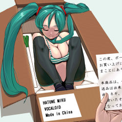 Rule 34 | 1girl, bad id, bad pixiv id, box, breasts, breasts squeezed together, cardboard box, cleavage, folded, green hair, hatsune miku, in box, in container, kouno (masao), kunreishiki, necktie, romaji text, solo, spring onion, thighhighs, translated, twintails, vocaloid