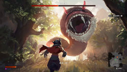 Rule 34 | 1boy, boots, cape, collar, collared cape, creature, day, fake horns, fake screenshot, from behind, gameplay mechanics, grass, health bar, helmet, horned headwear, horned helmet, horns, made in abyss, mechanical arms, minimap, nature, outdoors, pants, red cape, regu (made in abyss), robot, running, shen yh, single mechanical arm, teeth, tree, user interface