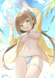 Rule 34 | 1girl, :d, ball, beachball, bikini, blue bikini, blurry, blurry background, blush, breasts, brown hair, commentary request, day, depth of field, fang, flower, from below, gluteal fold, green eyes, groin, highres, holding, holding ball, jacket, large breasts, looking at viewer, looking down, low twintails, navel, open clothes, open jacket, open mouth, original, outdoors, plaid, plaid bikini, saeki sora, smile, solo, swimsuit, thigh gap, twintails, water, white flower, yellow jacket