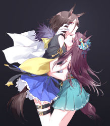 2girls, air groove (umamusume), animal ears, aqua skirt, black background, blue skirt, commentary request, feather boa, hand on another&#039;s neck, highres, horse ears, horse girl, horse tail, hug, looking at viewer, looking to the side, mejiro dober (umamusume), multiple girls, mutual hug, open mouth, pleated skirt, profile, romi (346 ura), skirt, tail, umamusume, yuri