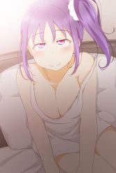 Rule 34 | 10s, 1girl, bed, blush, breasts, cleavage, closed mouth, feitonokesin, hair ornament, hair scrunchie, half-closed eyes, highres, indoors, kazuno sarah, large breasts, looking at viewer, love live!, love live! sunshine!!, medium hair, no bra, pillow, pink eyes, purple hair, scrunchie, side ponytail, single bare shoulder, sitting, smile, solo, strap slip