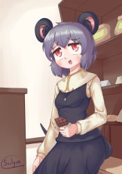 Rule 34 | 1girl, absurdres, animal ear fluff, animal ears, blush, breasts, candy, capelet, chocolate, chocolate bar, commentary request, cookie (touhou), cowboy shot, crystal, food, grey hair, grey skirt, grey vest, highres, holding, holding food, indoors, jewelry, layered clothes, long sleeves, looking up, mouse ears, mouse girl, mouse tail, nazrin, nyon (cookie), open mouth, pendant, red eyes, shelf, shirt, short hair, signature, skirt, skirt set, small breasts, solo, ssalyun, tail, touhou, vest, white capelet, white shirt