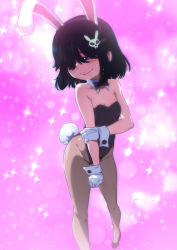 Rule 34 | 1girl, animal ears, bare shoulders, black hair, black pantyhose, blue eyes, blush, bow, bowtie, breasts, brown pantyhose, closed mouth, collarbone, detached collar, embarrassed, eyebrows, fake animal ears, feet out of frame, female focus, gloves, goth fashion, gothic, groin, hair ornament, hair over one eye, high heels, highres, jcm2, leotard, looking at viewer, lucy loud, pantyhose, playboy bunny, rabbit ears, rabbit tail, short hair, small breasts, solo, standing, strapless, strapless leotard, the loud house, white gloves, wrist cuffs